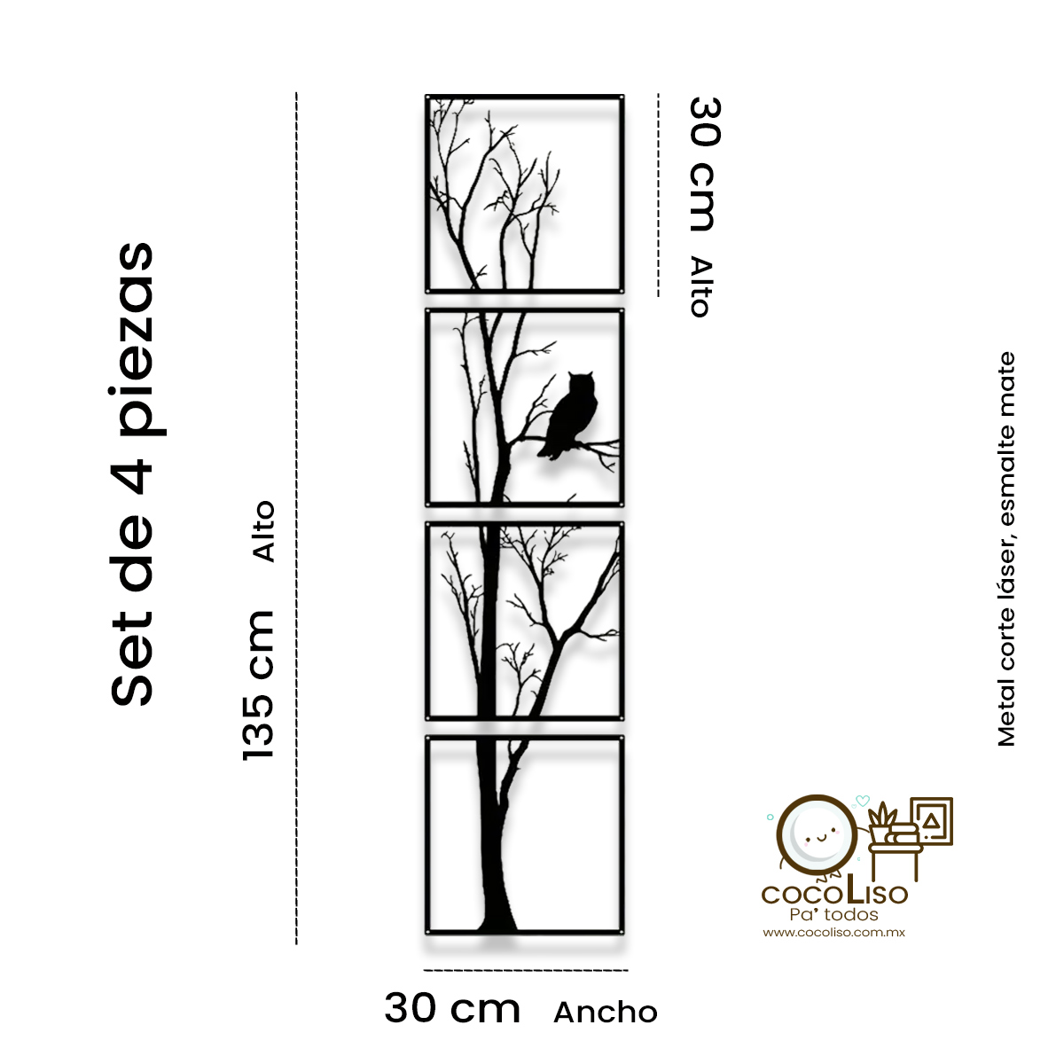 Cuadro seccionado árbol seco con búho, set de 4 piezas