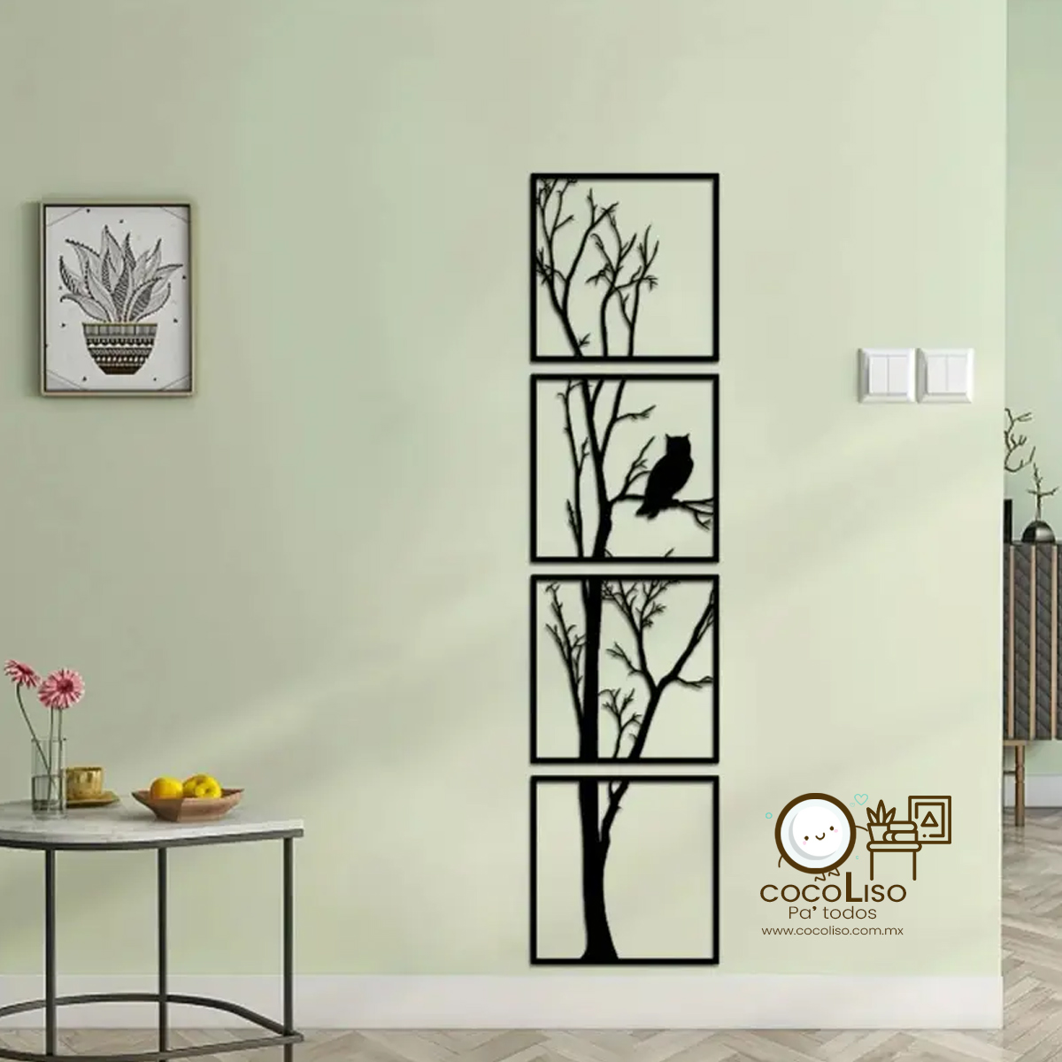 Cuadro seccionado árbol seco con búho, set de 4 piezas - Image 3