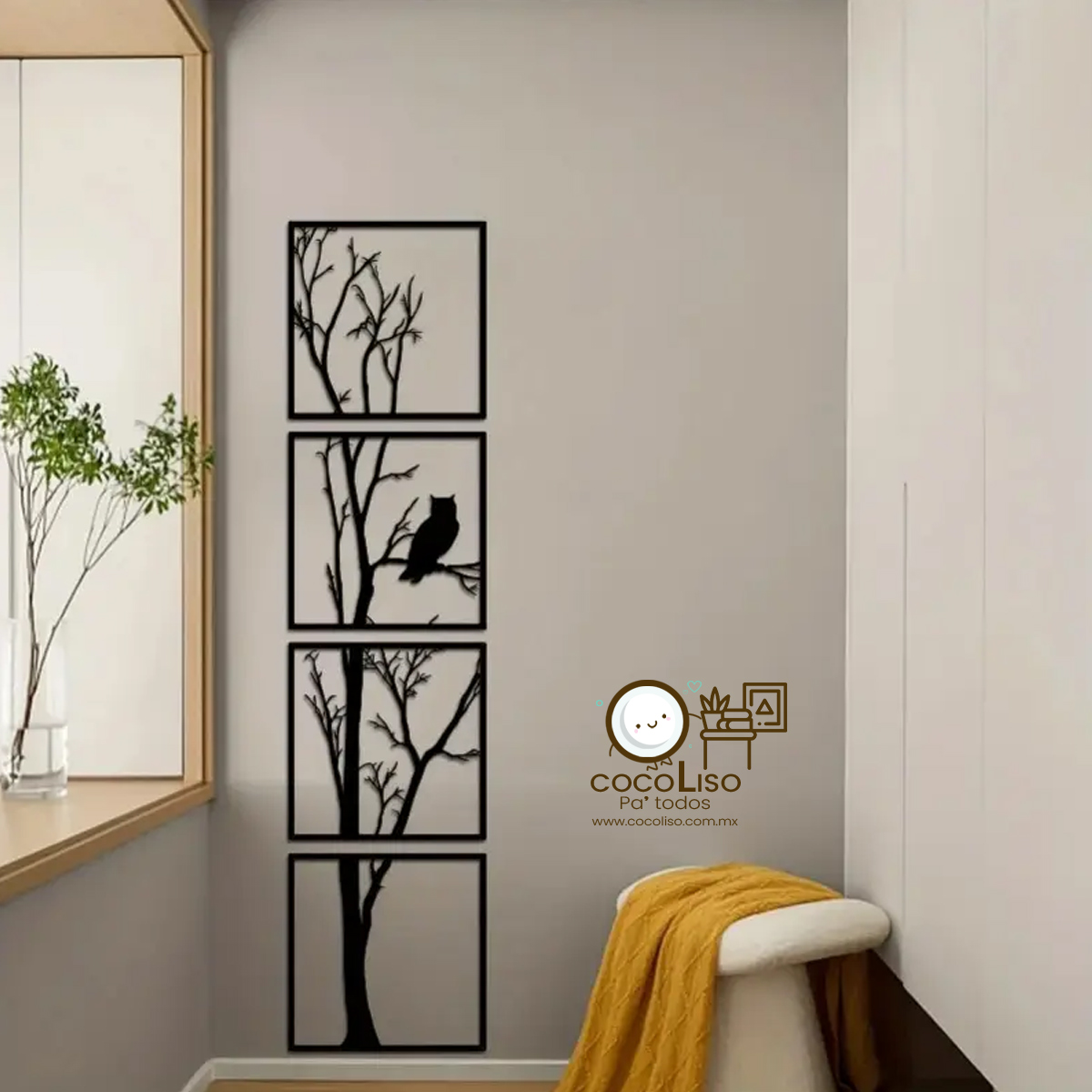 Cuadro seccionado árbol seco con búho, set de 4 piezas - Image 2