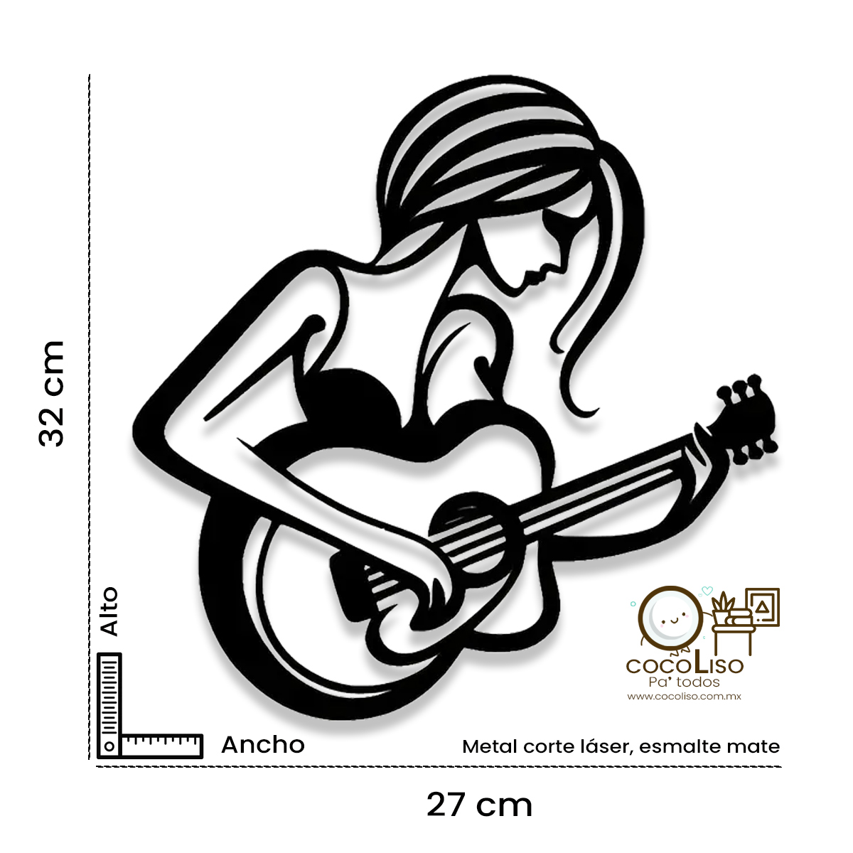 Mujer guitarrista de perfil, guitarra acústica