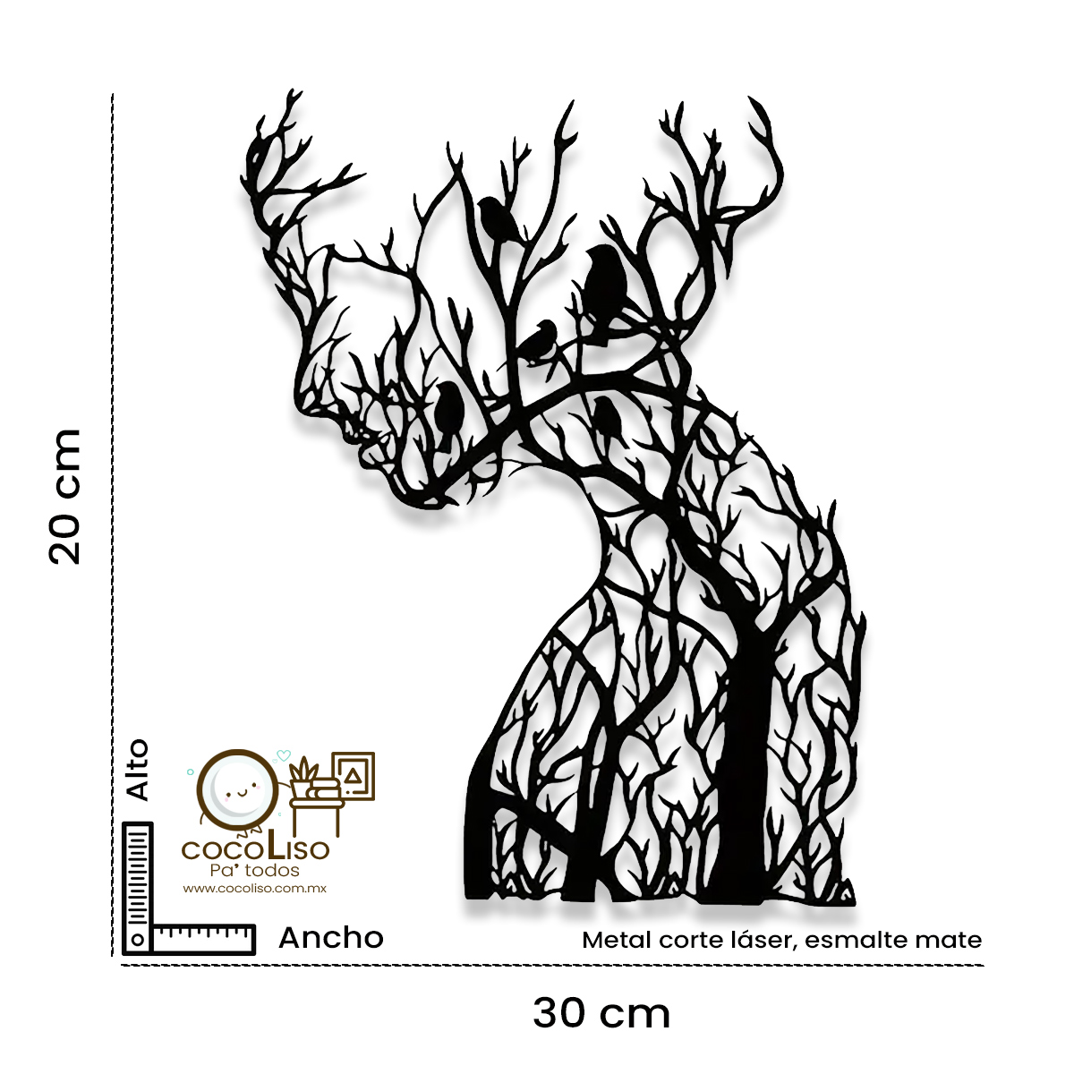 Rostro femenino de perfil, ramas secas y aves