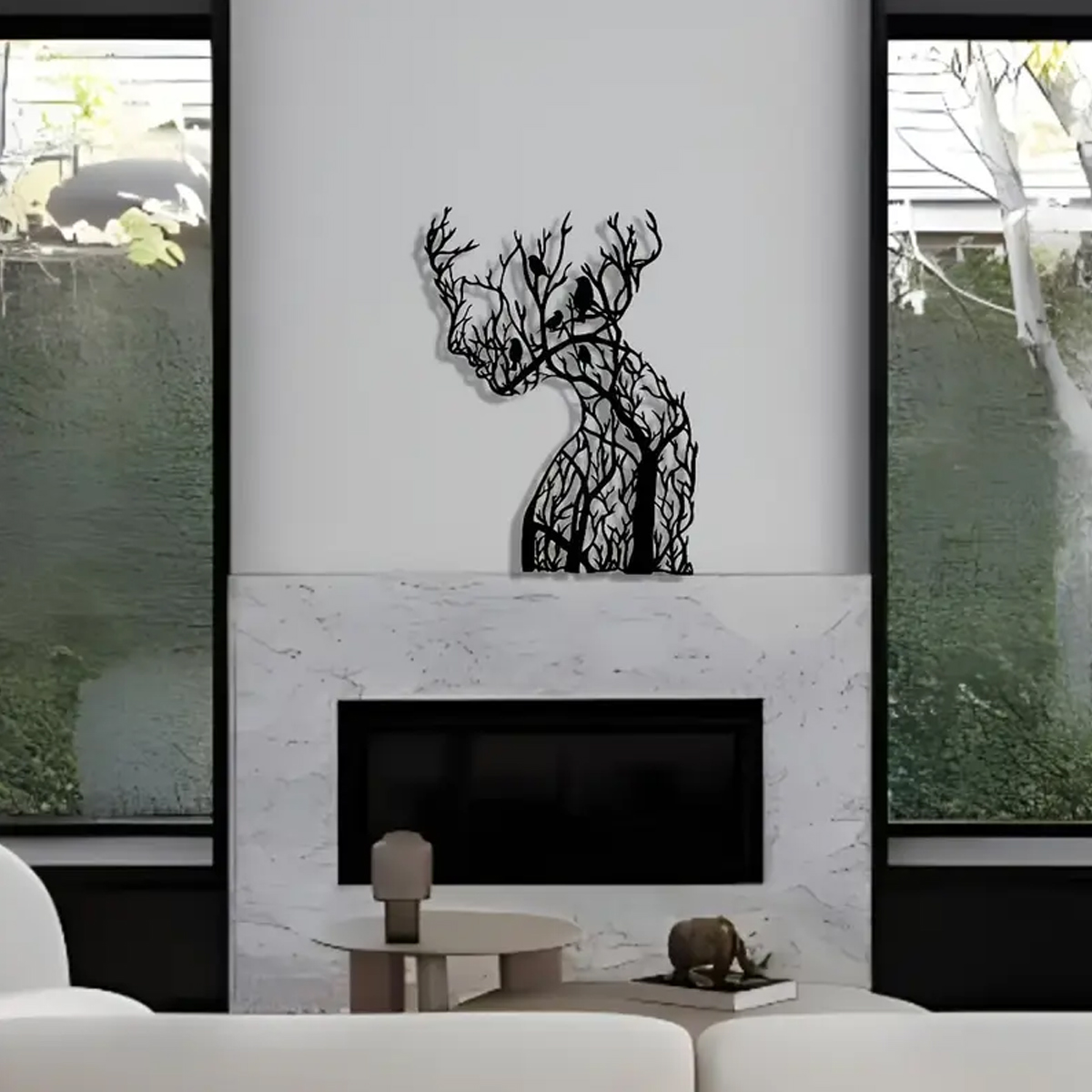 Rostro femenino de perfil, ramas secas y aves - Image 3