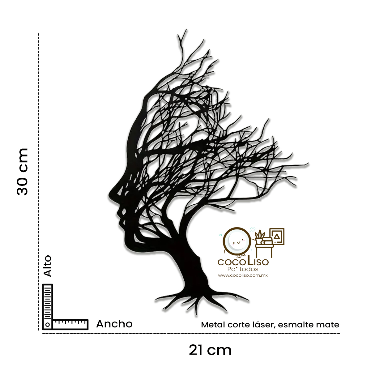 Rostro femenino de perfil, ramas secas