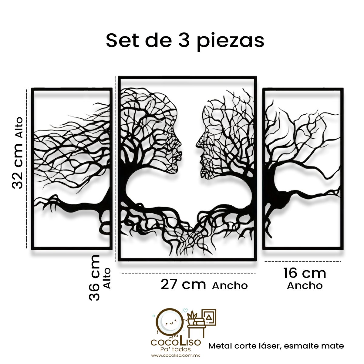Cuadro seccionado rostros de perfil enamorados arbolados, set de 3 piezas