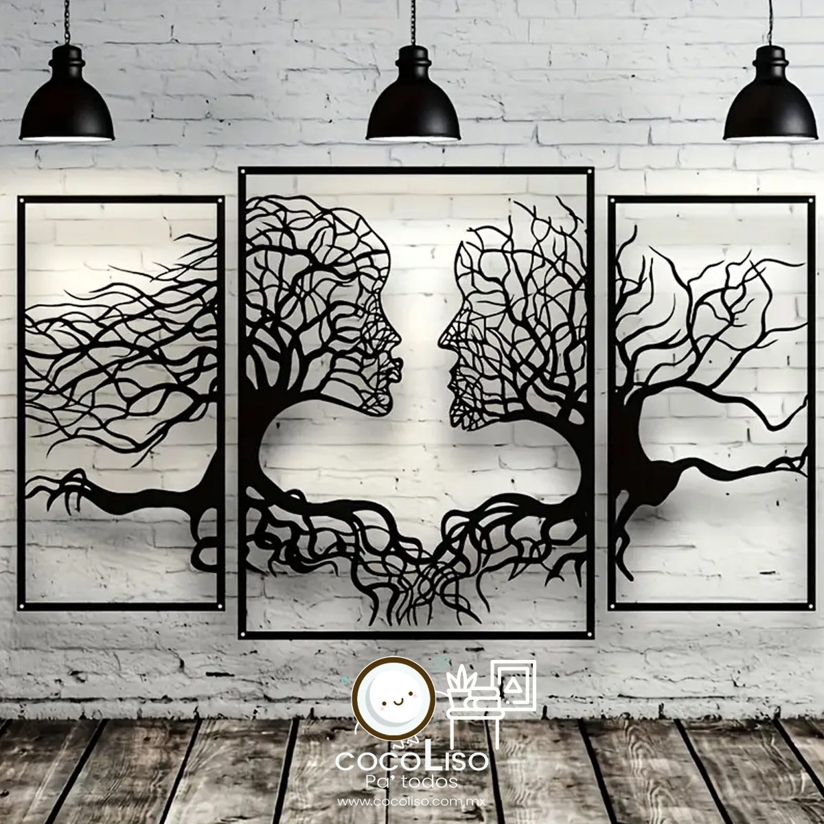 Cuadro seccionado rostros de perfil enamorados arbolados, set de 3 piezas - Image 3