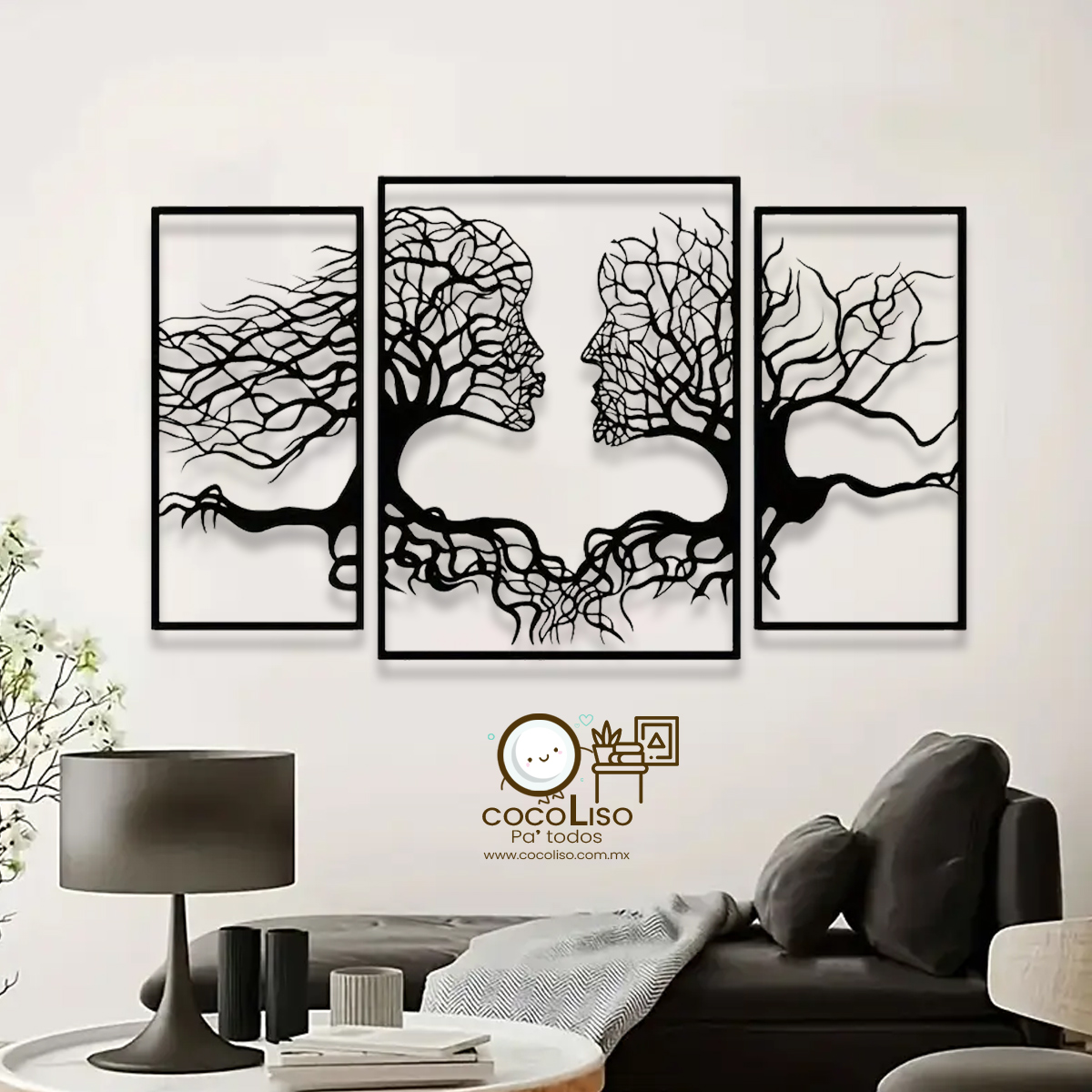 Cuadro seccionado rostros de perfil enamorados arbolados, set de 3 piezas - Image 2