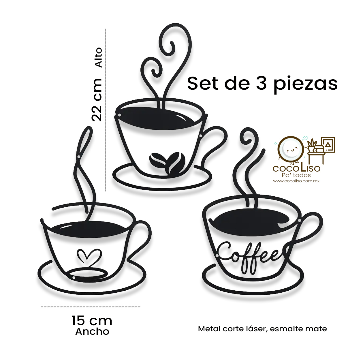 3 tazas de café humeante, lineas onduladas
