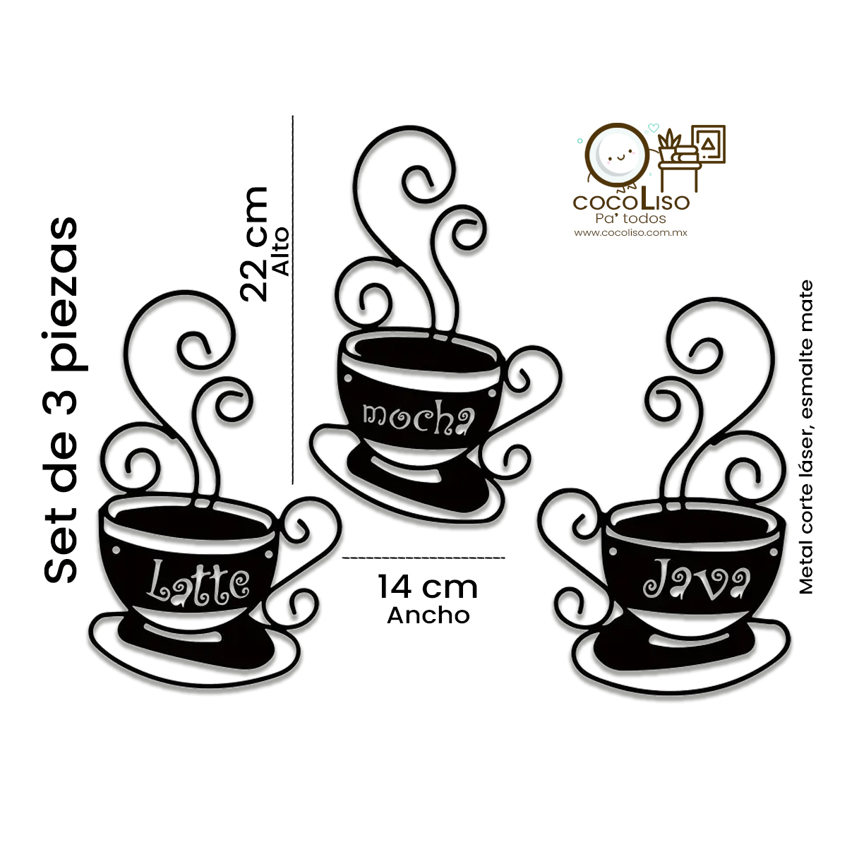 3 tazas de café letreros latte, mocha, java