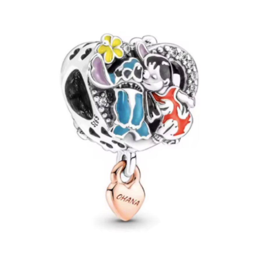 Charm corazón con mini corazón colgante, Lilo y Stitch – “OHANA means family”